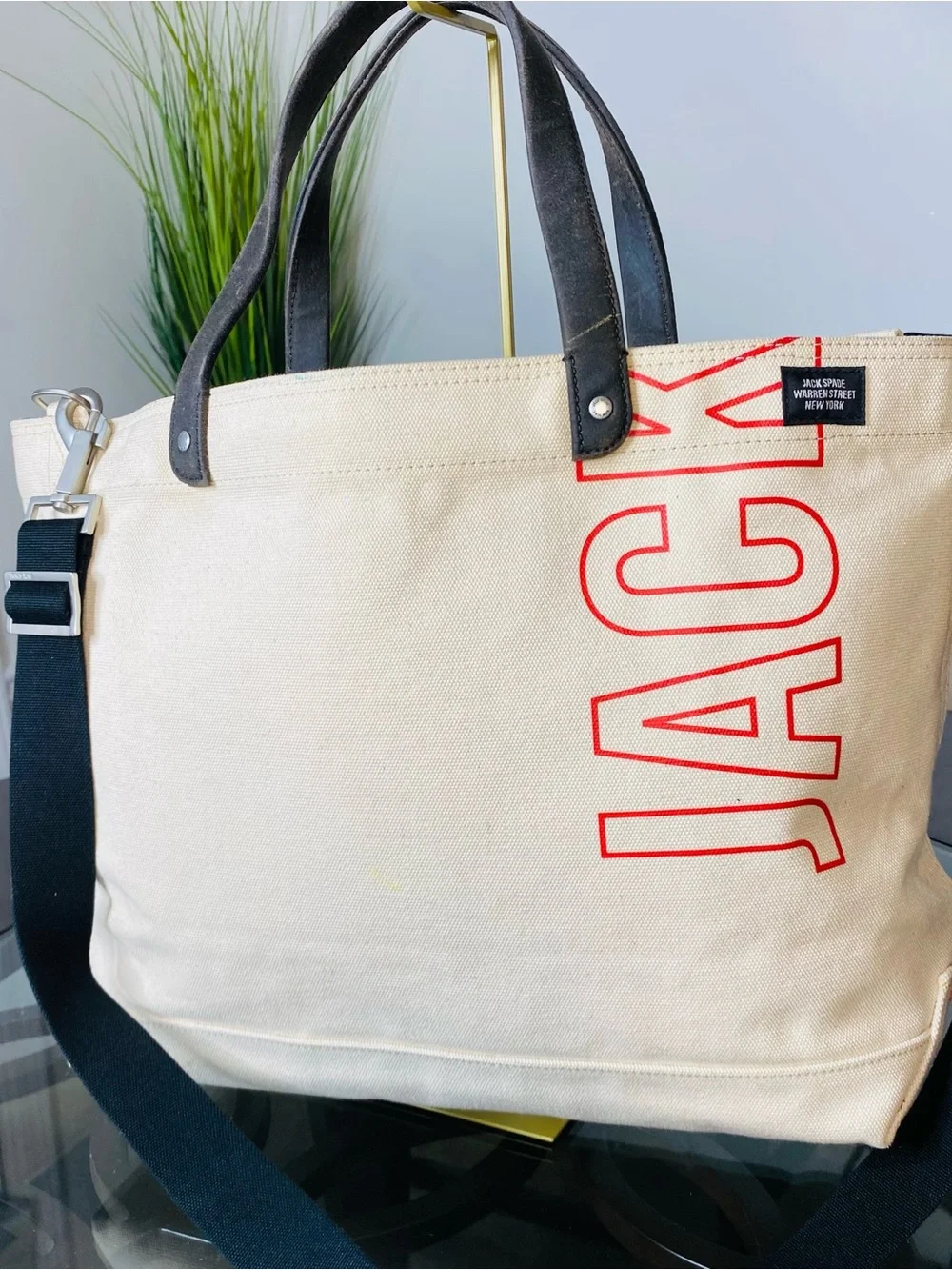 Jack Spade Canvas Dipped Coal Tote Bag Cream White Red JACK Crossbody